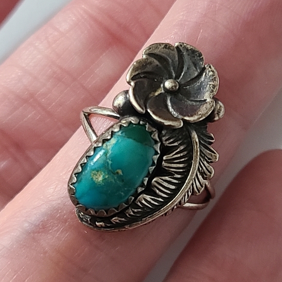 Vintage OLD navajo squash blossom ring sz 6 turquoise Native American sterling - Picture 1 of 12